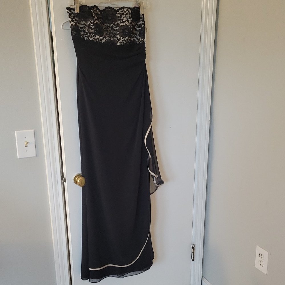 Black, gold, lace evening gown